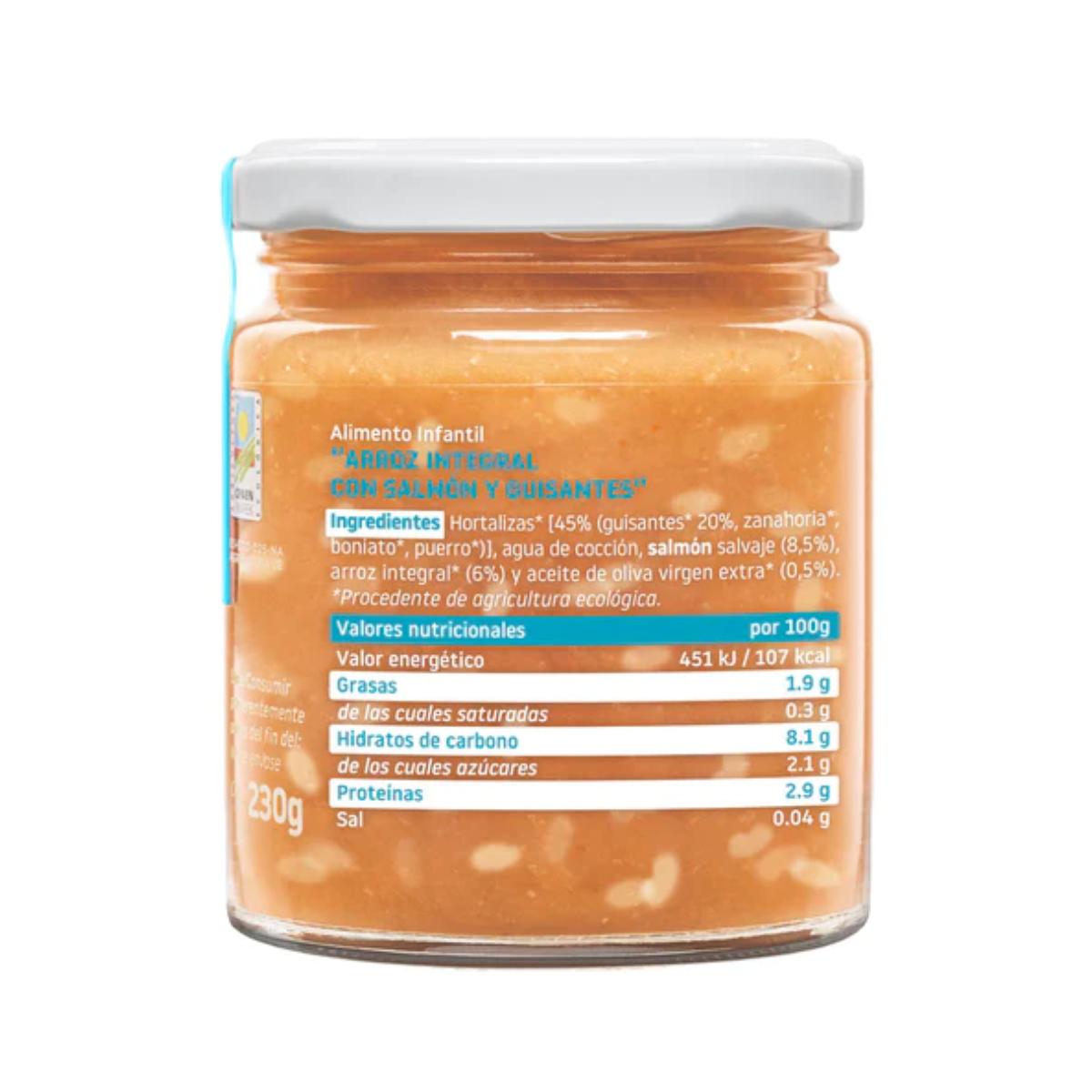 Confezione da 3 vasetti di riso integrale con salmone e piselli ECO CA CHI TOS 230 g, Smileat