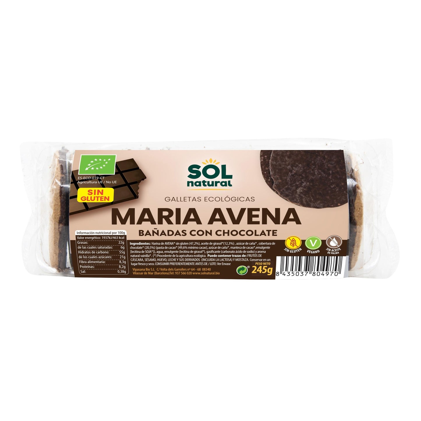 Glutenfria havrekakor doppade i ekologisk choklad Sol Natural 200 g