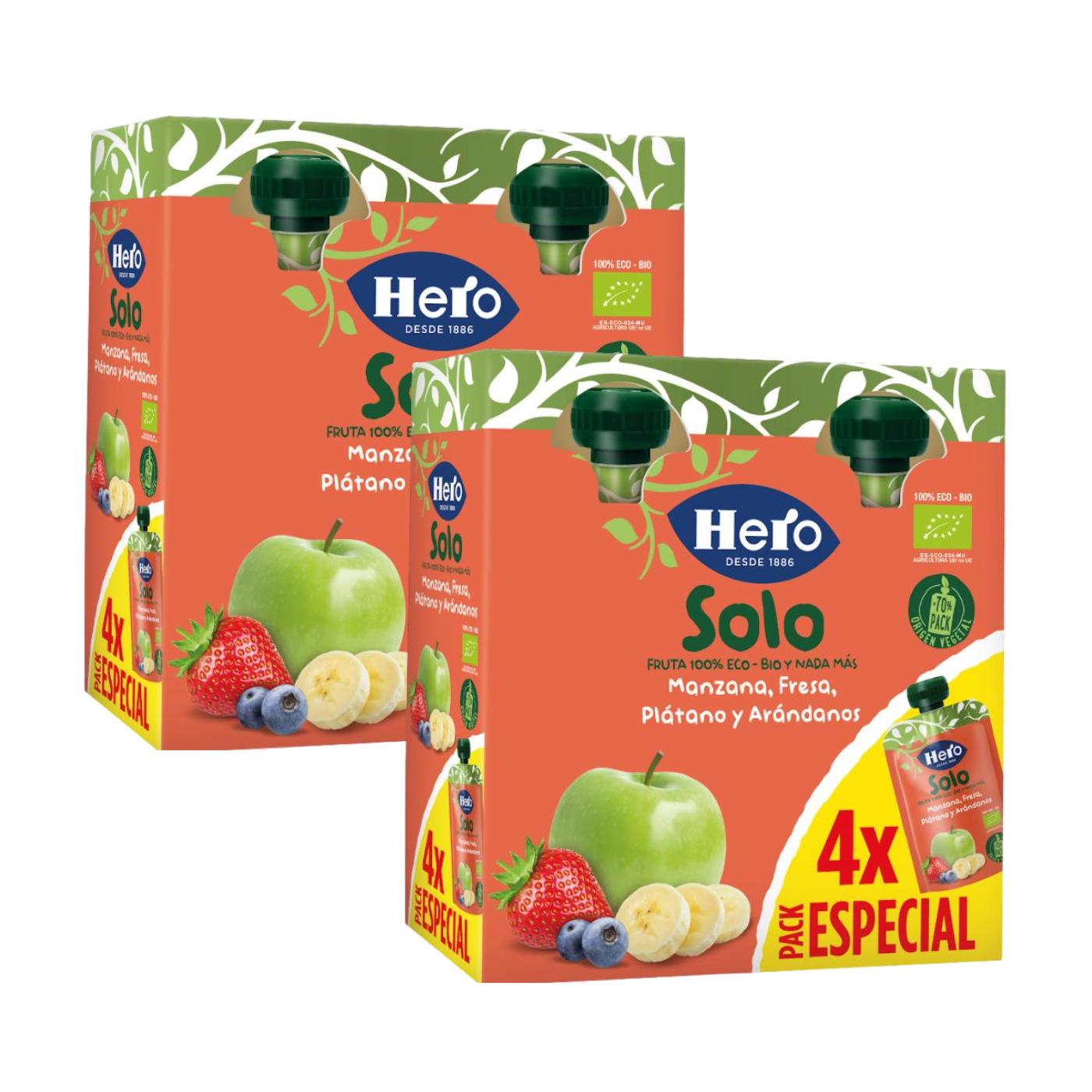 2er-Pack 100 % Bio-Fruchtbeutel mit Apfel-, Erdbeer-, Bananen- und Heidelbeergeschmack 4 x 100 g – Hero Solo