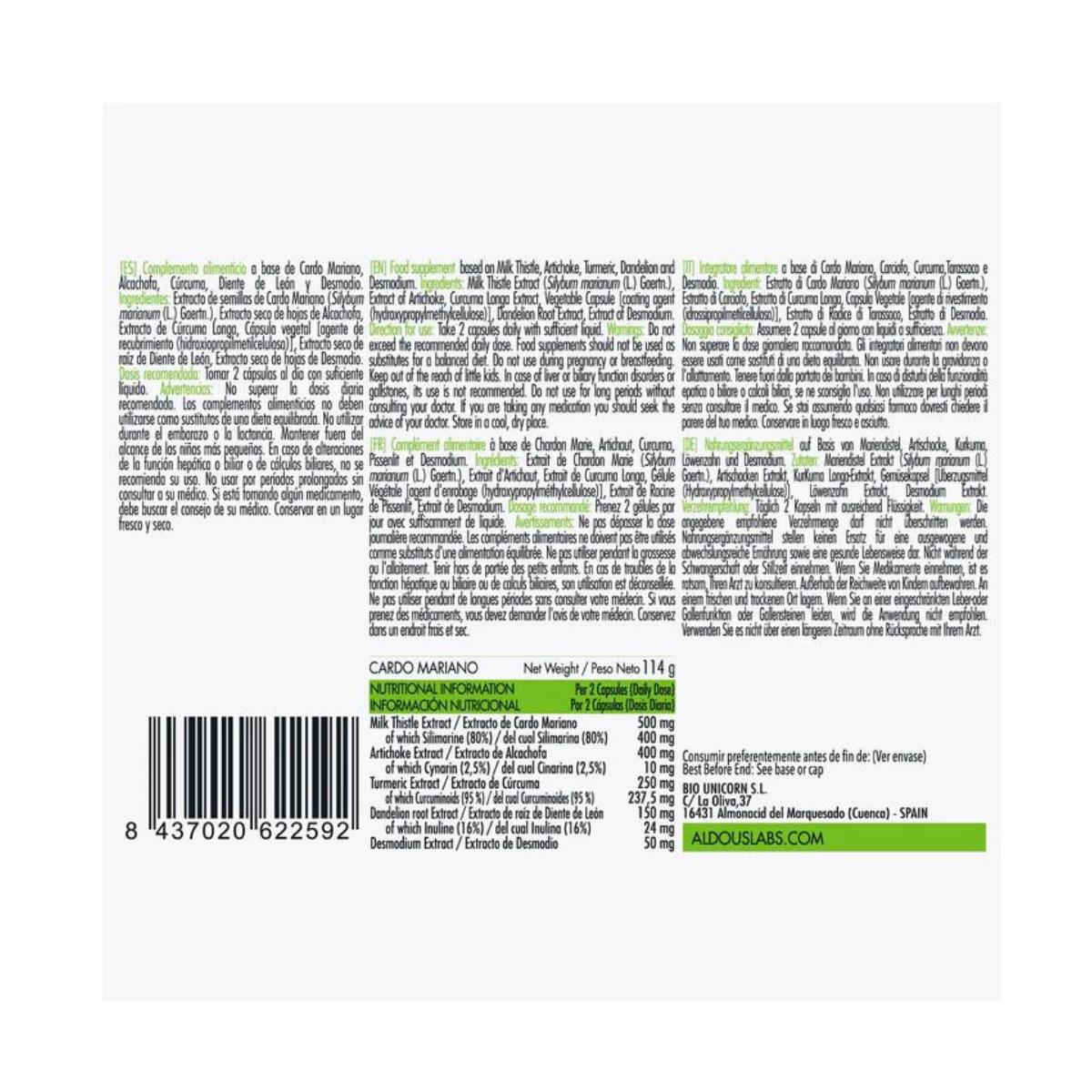 Mariadistel met artisjok, kurkuma, paardenbloem en desmodium 150 capsules. Aldous Labs