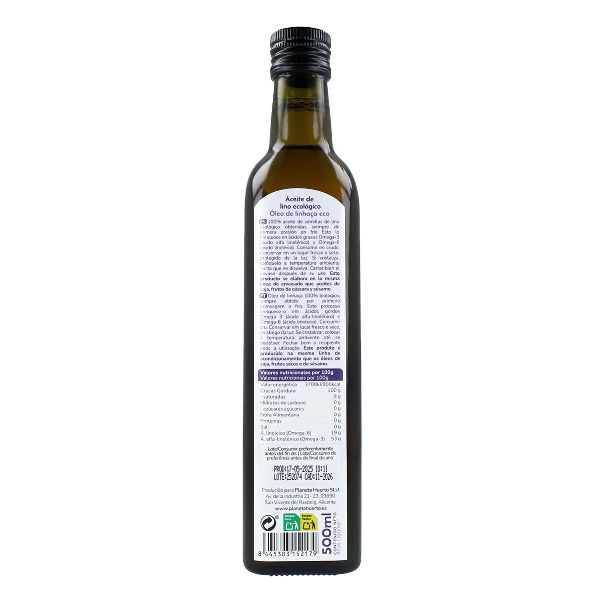 Confezione da 2 oli di lino spremuto a freddo ECO Planeta Huerto 500 ml