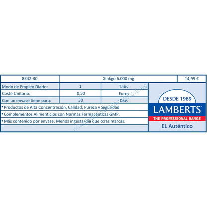 Ginkgo Biloba 6 000 mg, Lamberts 180 comprimés