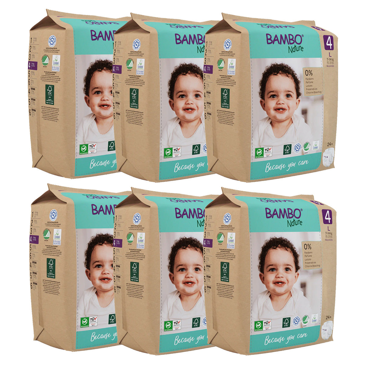 Pack of 6 x Bambo Nature nappies T4 (7-14kg) 24 units