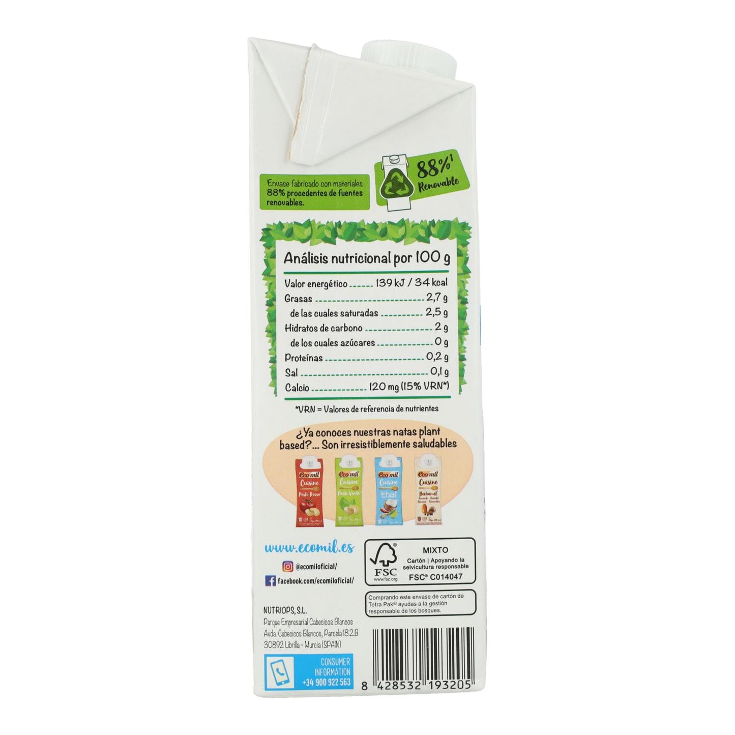 6er-Packung Ecomil zuckerfreies Kokosnussgetränk mit Kalzium, 1 l