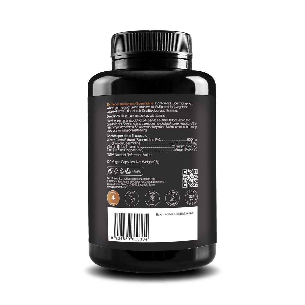 Spermidine, 6 mg, avec vitamine B1 et zinc, Zenement, 120 gélules végétaliennes