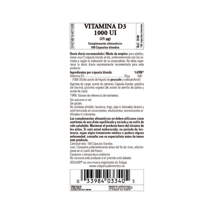 Vitamin D3 1000 IU, 100 capsules of 25μg