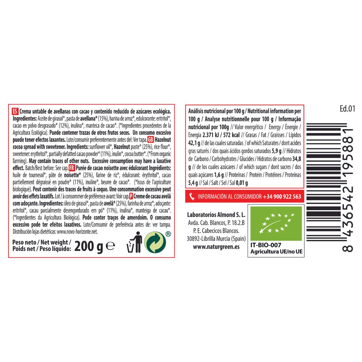 Haselnuss-Kakao-Creme mit reduziertem Zuckergehalt Naturgreen 200 g