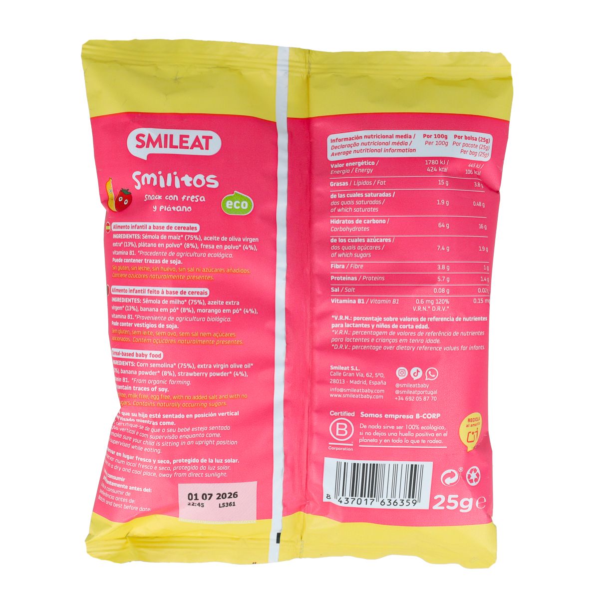 Smilitos Gusanitos truskawkowe i bananowe ECO Smileat 25 g