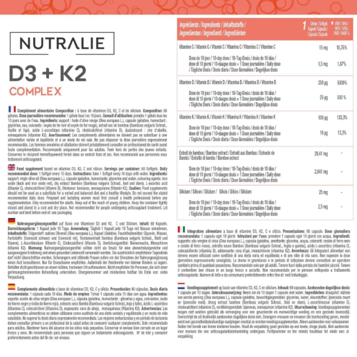 Nutralie Vitamin D3+K2 Complex 10000 IE + Vit C 60 kapslar