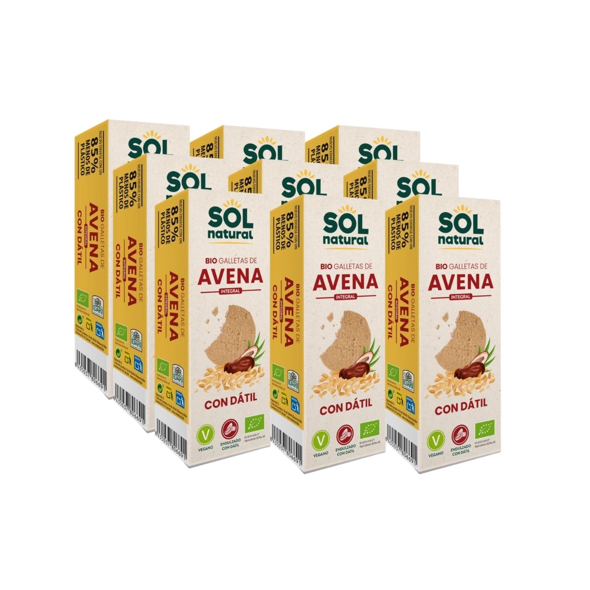 Confezione da 9 biscotti integrali all'avena dolcificati con datteri biologici Sol Natural 170 g
