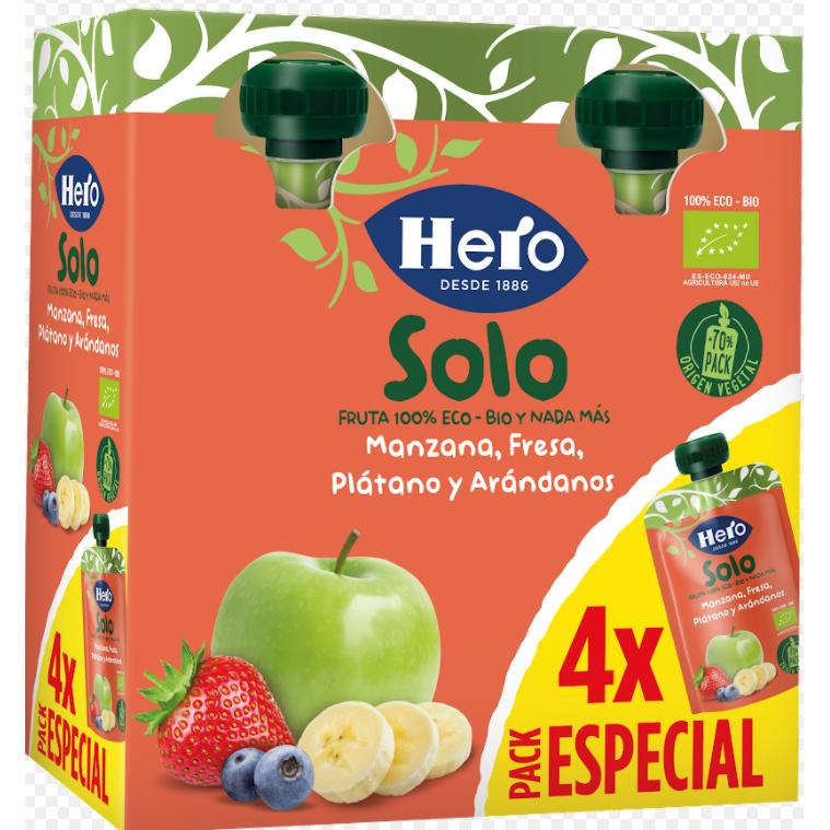 Sacchetti di frutta 100% Eco al gusto di mela, fragola, banana e mirtilli 4x100 g-Hero Solo