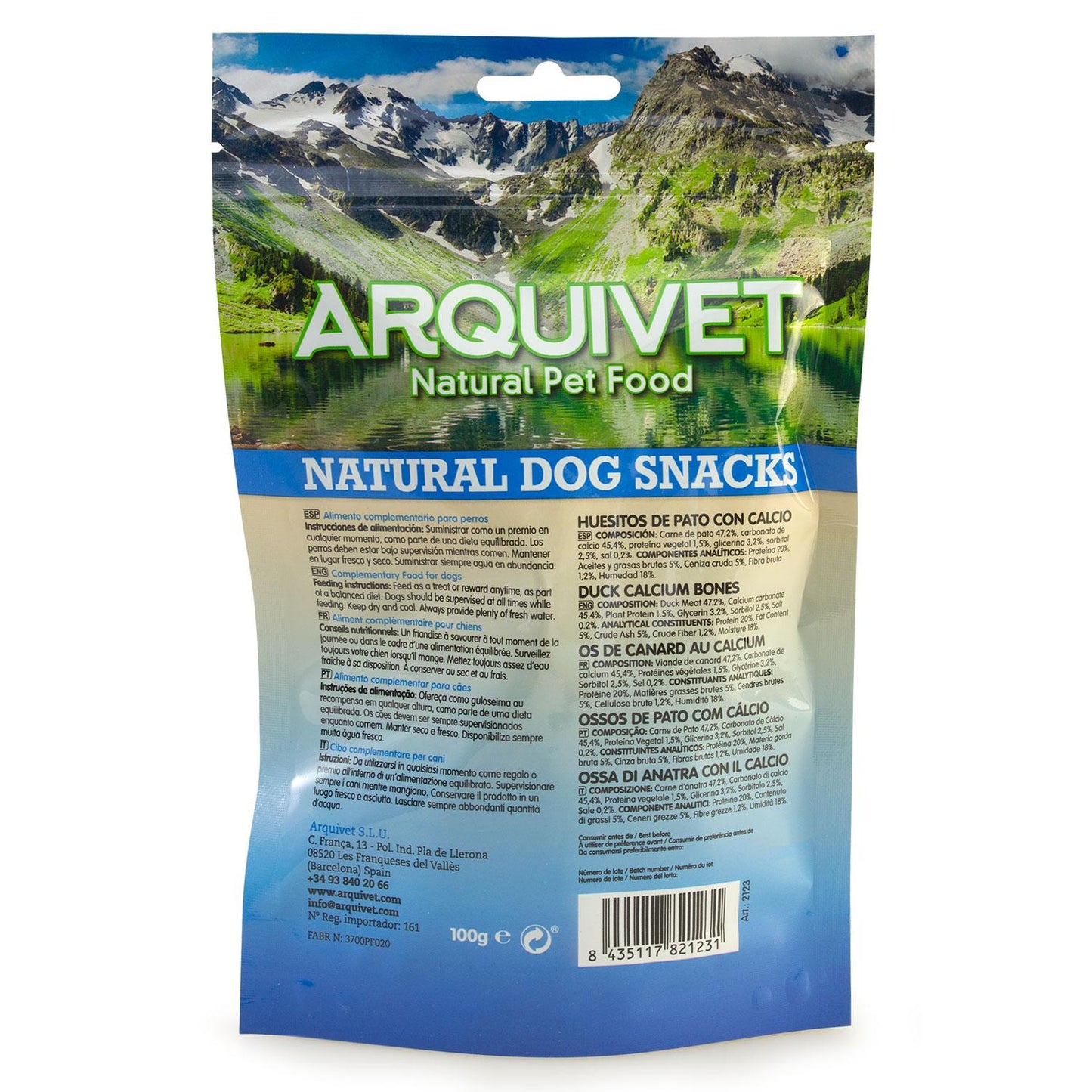 Snack naturale per cani  Ossetti di anatra con calcio Arquivet 100 g