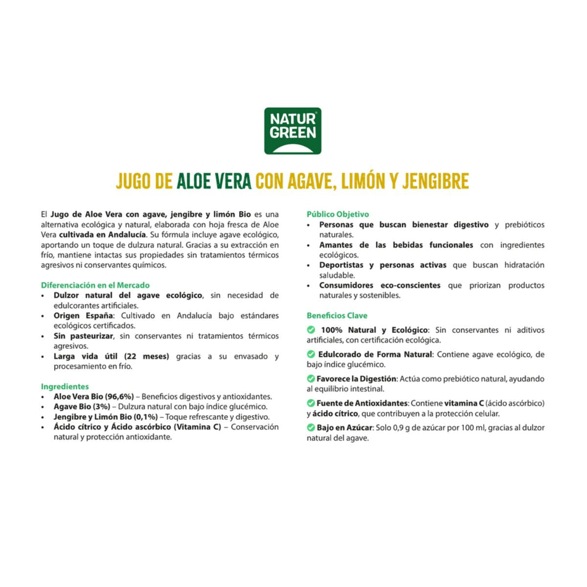 Succo di aloe vera con agave, limone e zenzero NaturGreen 1 L
