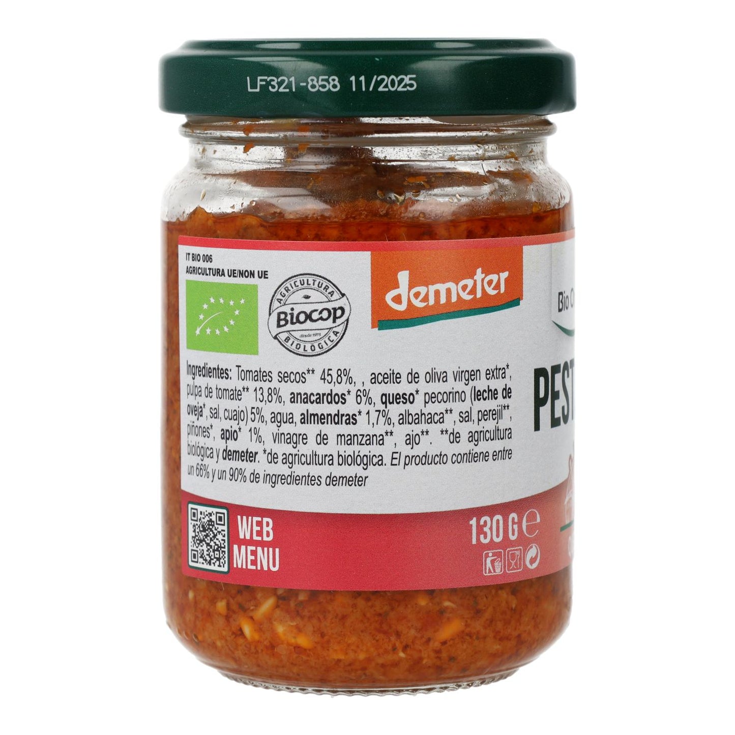 Pesto Rosso aus sonnengetrockneten Tomaten mit Pecorino und Mandeln, Demeter Bio, Italien, 130 g