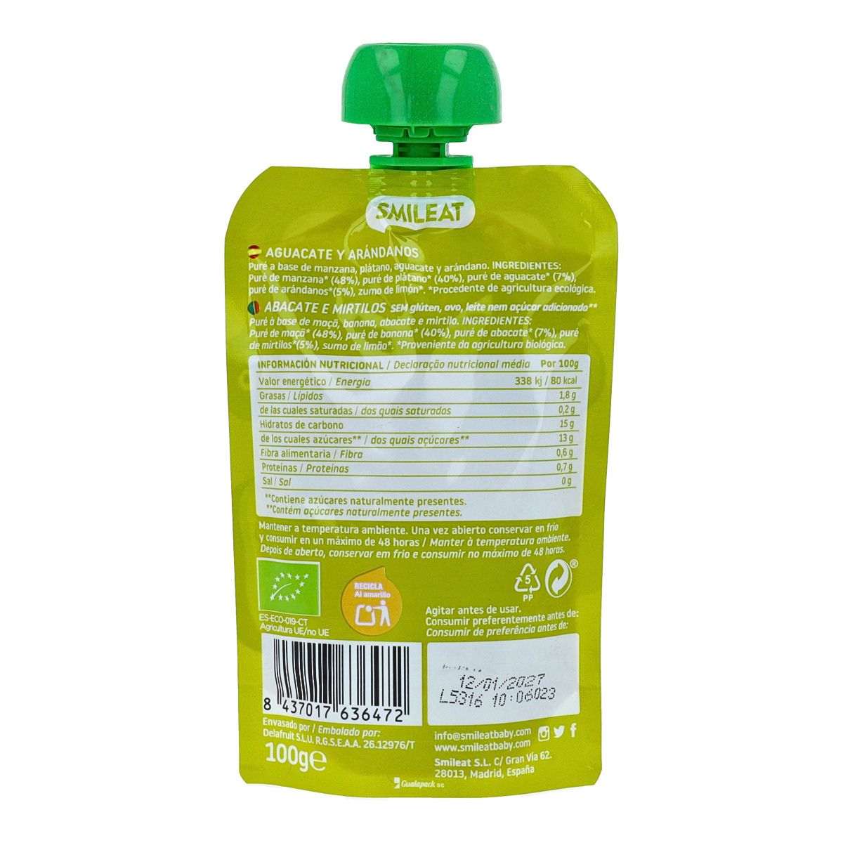 Pochettes avocat et myrtilles ECO Smileat, 100 g