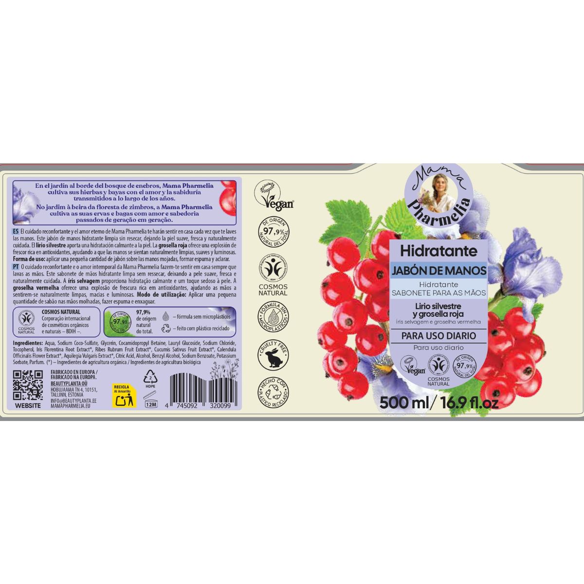 Hydraterende handzeep met wilde lelie en rode bes, Mama Pharmelia, 500 ml