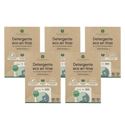 Pakket van 5 Eco-strips wasmiddel en wasverzachter Planeta Huerto 200 wasbeurten