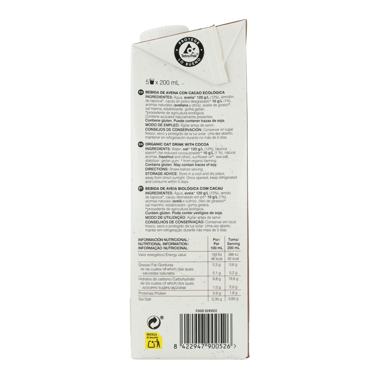 Confezione da 6 bevande all'avena con cacao BIO Soria Natural  1 L
