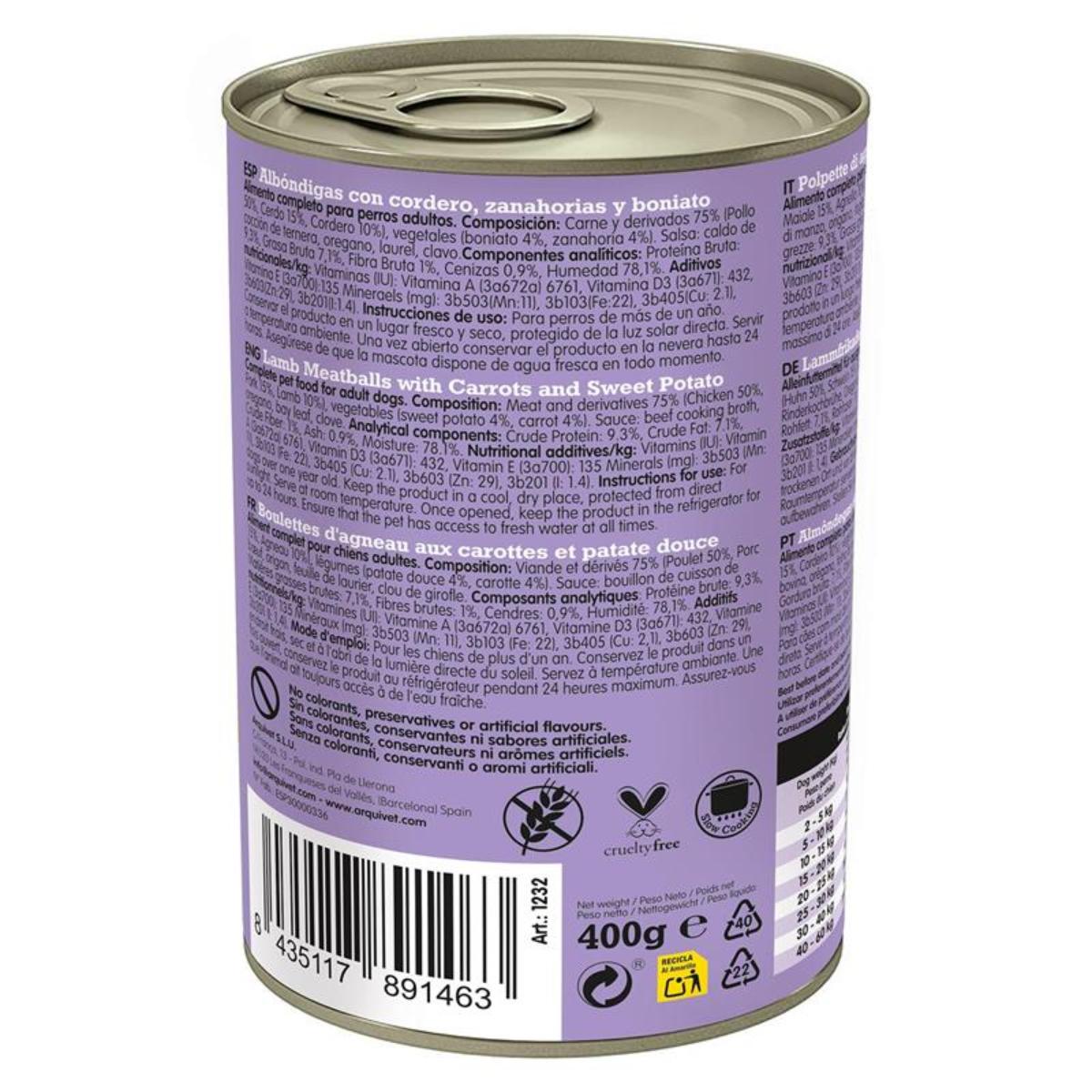 Verse lamsgehaktballetjes Arquivet 400 g Natvoer voor honden met lamsvlees, wortelen en zoete aardappel