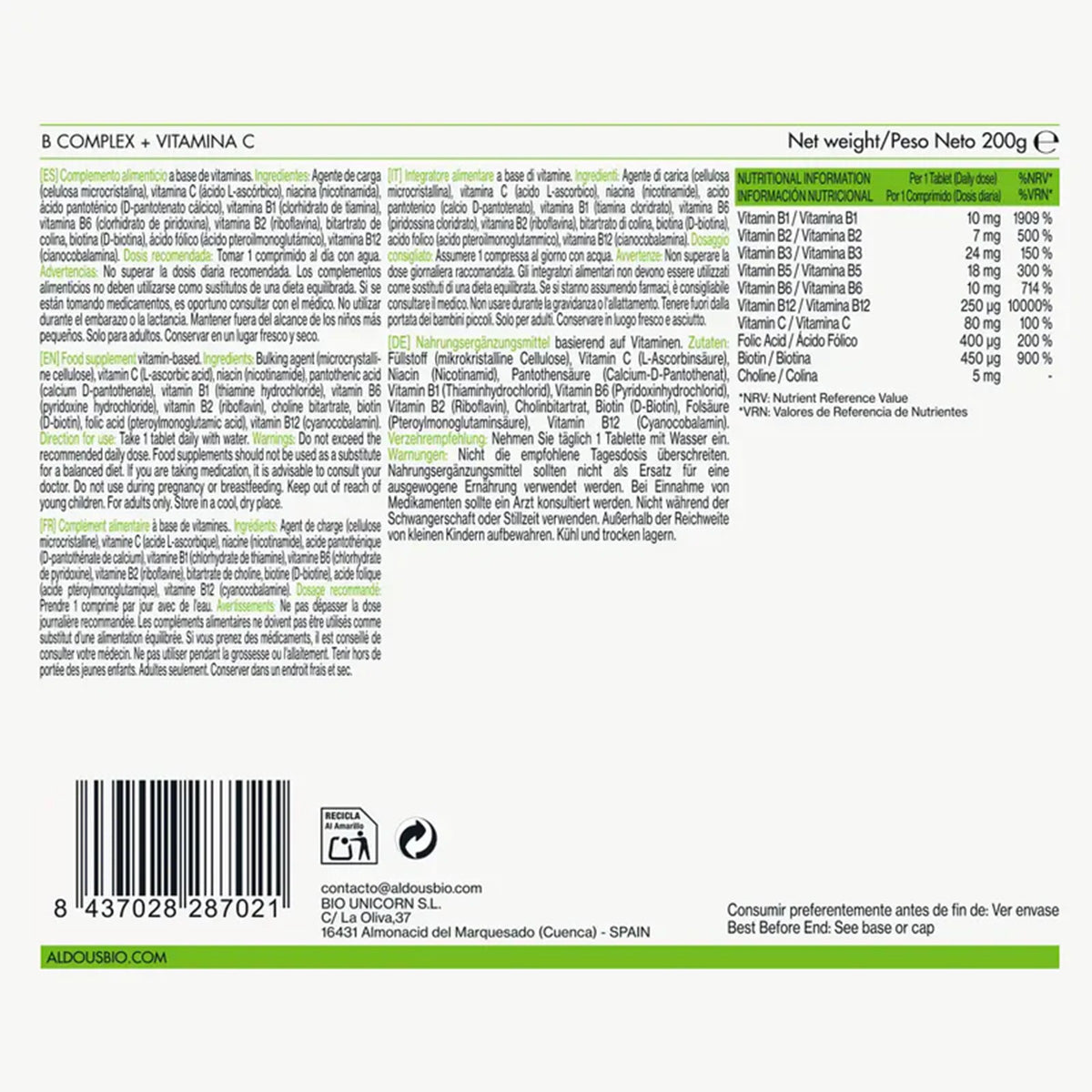 Vitamina B Complesso + Vitamina C Aldous 400 compresse