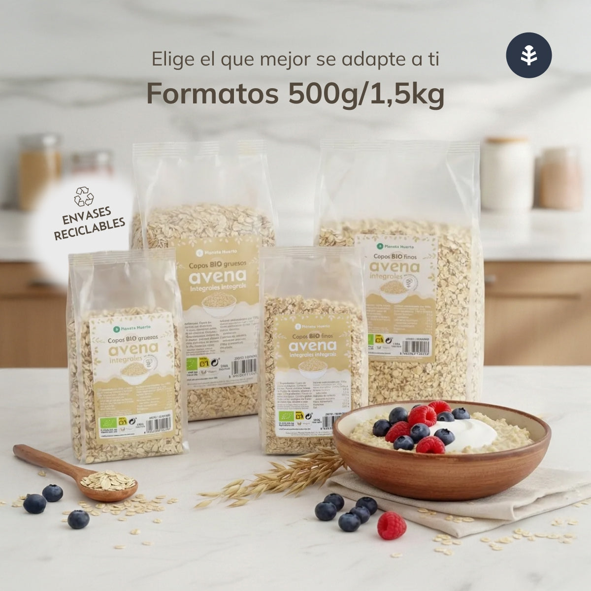 Pack of 4 x Planeta Huerto Organic Gluten-Free Fine Oat Flakes 1.5 kg