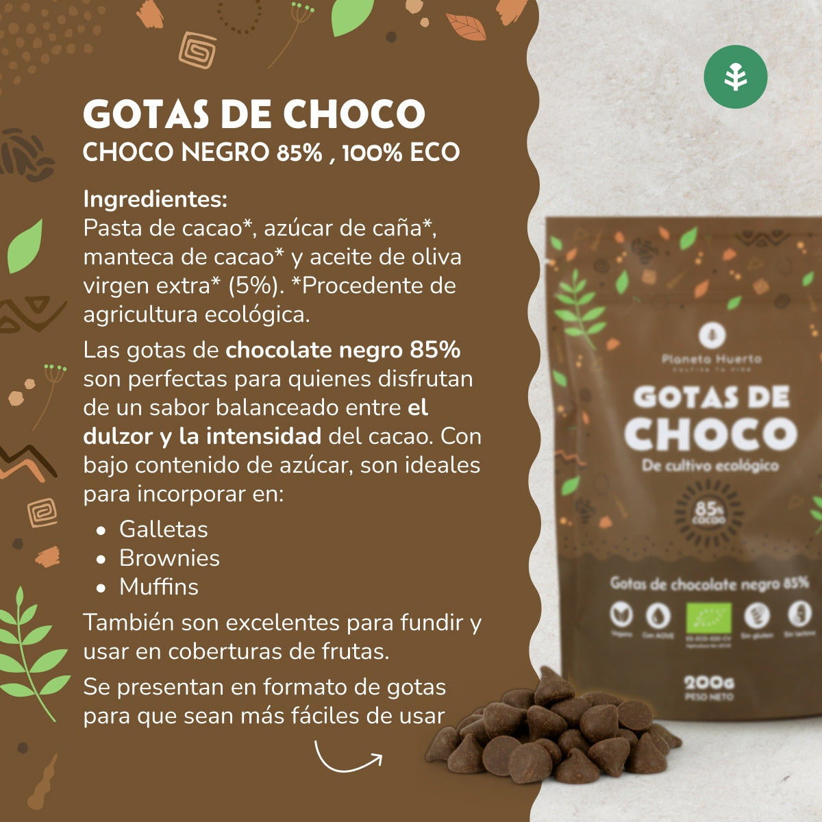 Schokoladentropfen 85% Kakao ECO Planeta Huerto 200 g