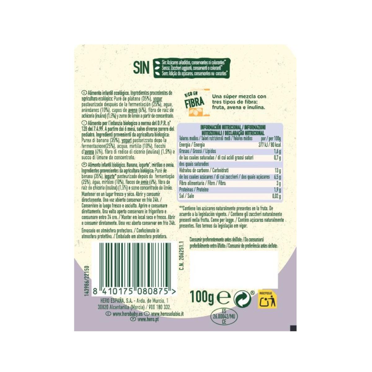 Nutri Flora-zakje met bananen-, bosbessen-, yoghurt- en haversmaak 100 g Hero Solo