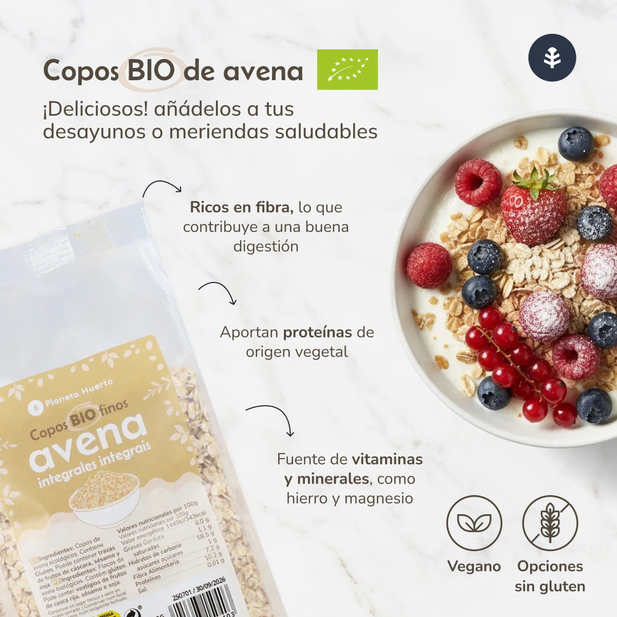 Pack 2x Copos de avena integral finos ECO Planeta Huerto 500 g