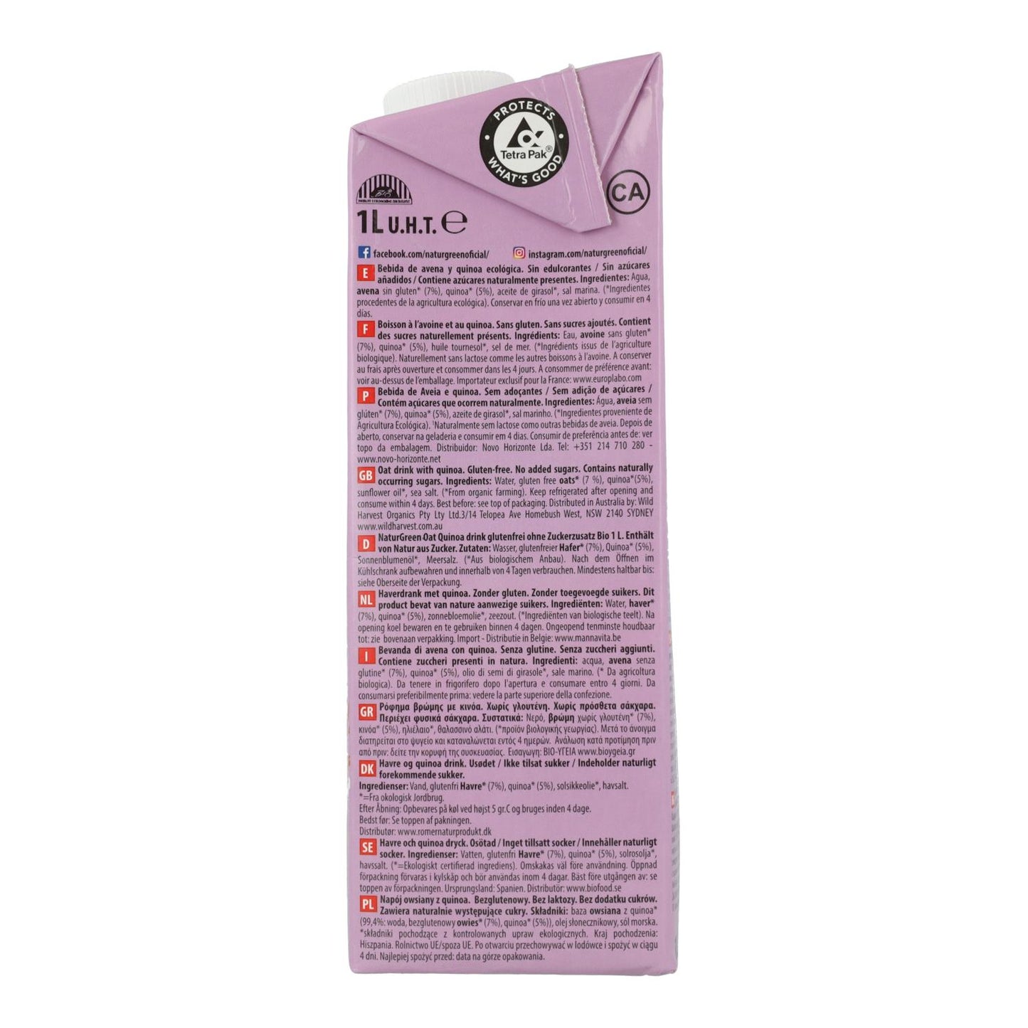 Pakket van 6 stuks Biologische glutenvrije havermout- en quinoadrank NaturGreen 1 l