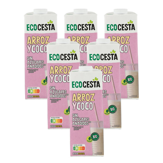 Pack 6x Boisson végétale au riz et à la noix de coco bio sans sucre ajouté, Ecocesta, 1L