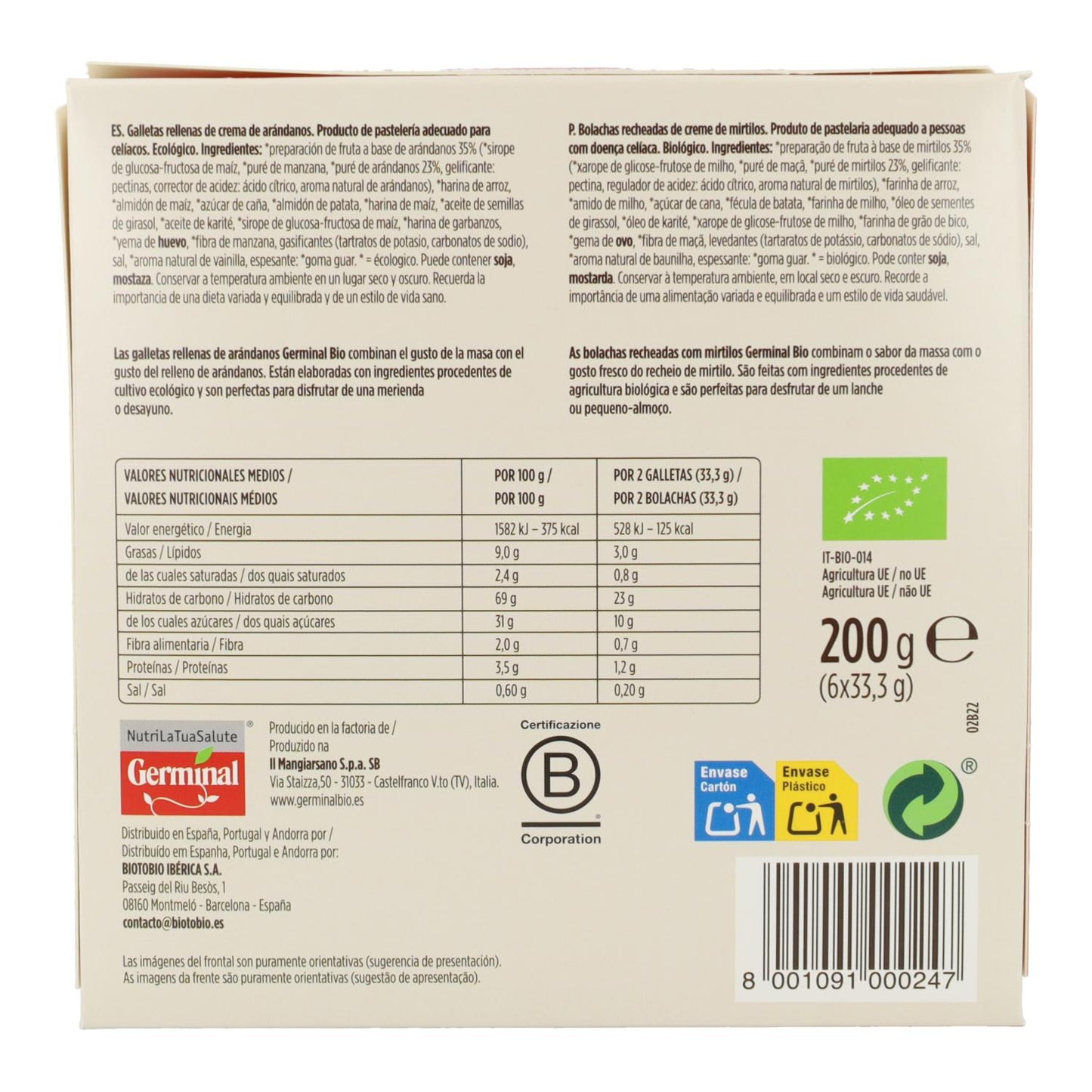 Glutenfria kakor fyllda med blåbärskräm Germinal, 200 g