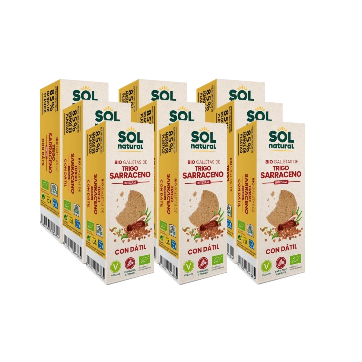 9er-Pack Vollkorn-Buchweizenkekse, gesüßt mit Bio-Datteln Sol Natural 170 g