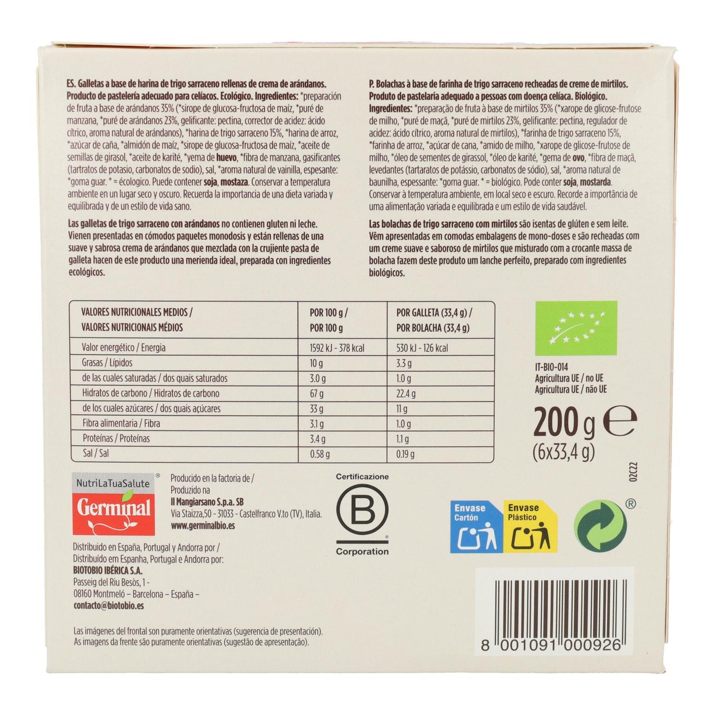 Glutenfreie Blaubeer-Buchweizen-Kekse Germinal Bio 200 g