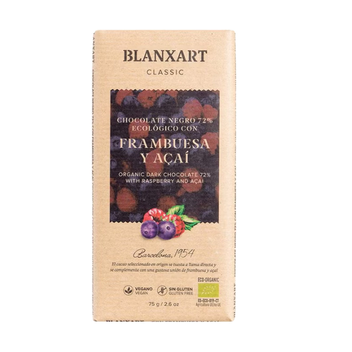 Chocolat 70 % framboise et açaï bio végétalien sans gluten Blanxart 75 g