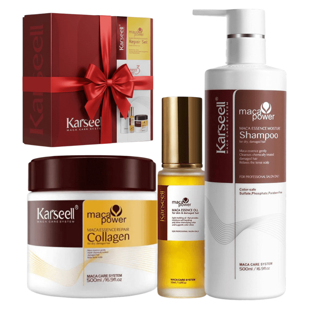 Set Mascarilla Colágeno + Aceite + Champú Maca Karseell 500ml + 50ml + 500ml