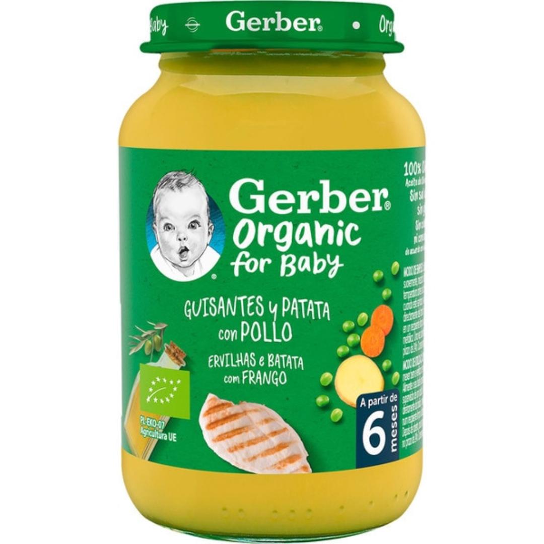 Petit pot de purée bio pour bébés aux petits pois, pommes de terre et poulet Gerber 190 g