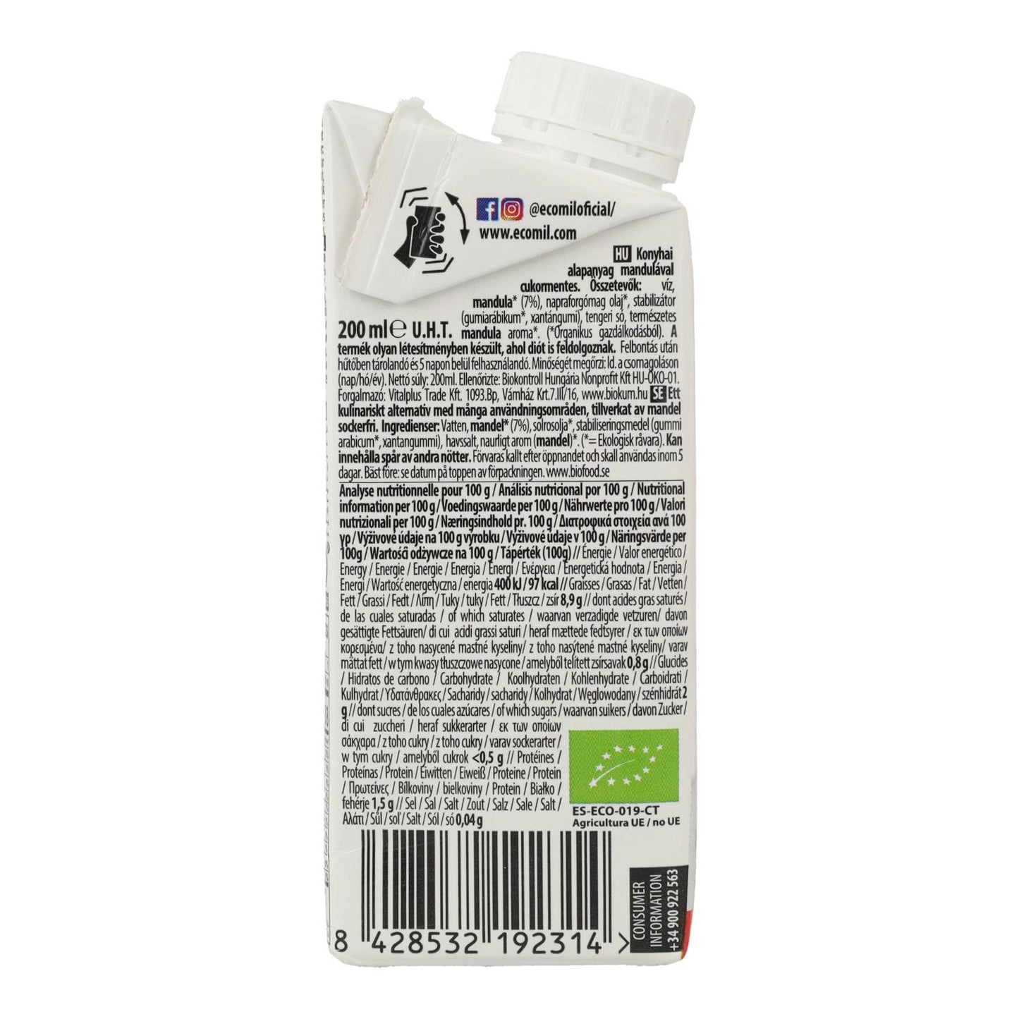 Bezcukrowy krem roślinny z migdałów Bio Cuisine Nature Ecomil 200 ml